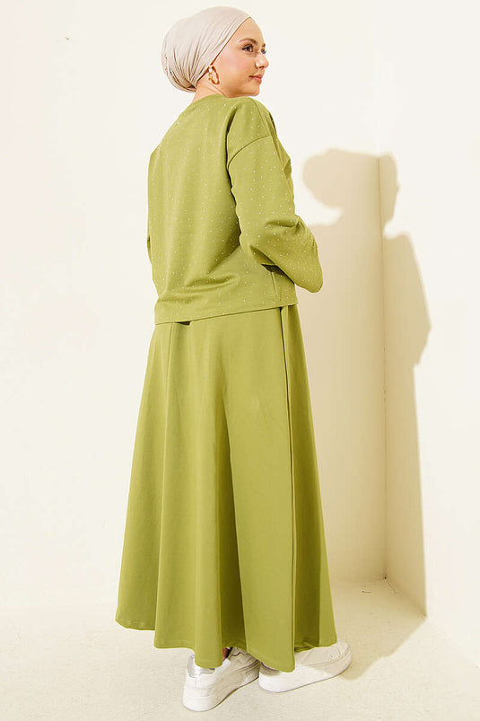 Mini Stone-Embellished Blouse and Skirt Loyşa Two-Piece Set Green
