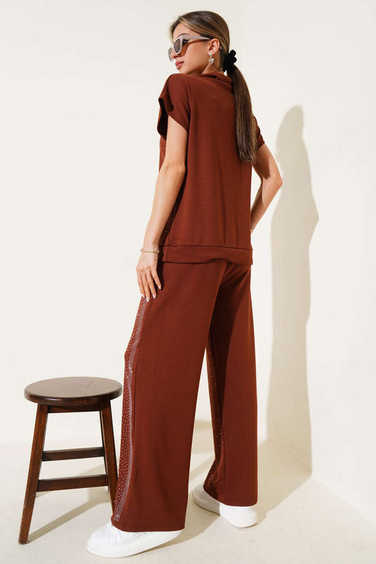 Mini Stoned Zweiteiler mit Reißverschluss, Kurzarm, Braun