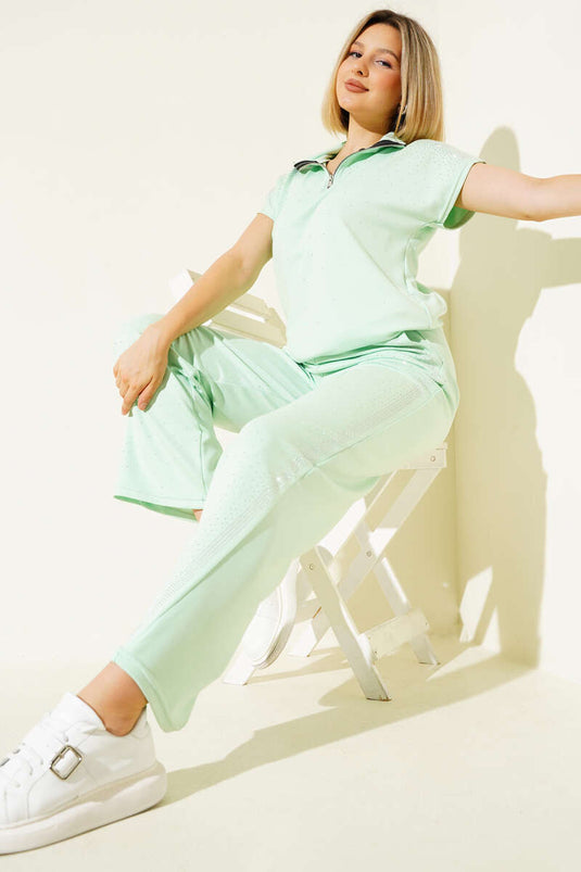 Ensemble deux pièces mini à manches courtes et fermeture éclair ornée, vert turquoise