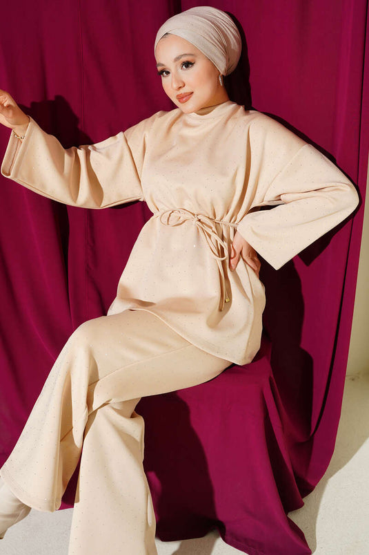 Mini Taşlı İp Kuşaklı Scuba İkili Takım Bej