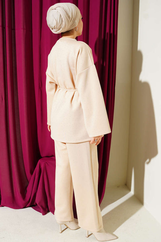 Mini Taşlı İp Kuşaklı Scuba İkili Takım Bej