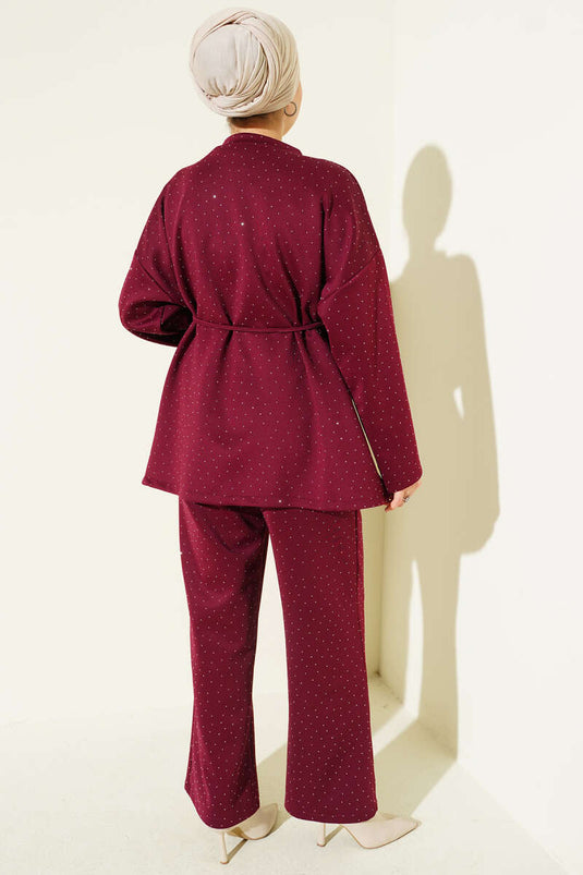 Combinaison de plongée deux pièces bordeaux à ceinture en corde et mini-pierres