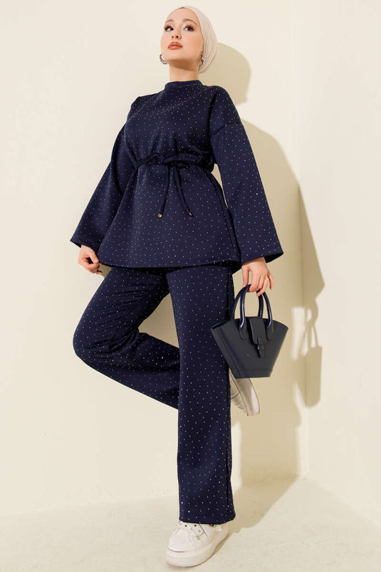 بدلة غوص صغيرة من قطعتين مزودة بحزام وحبل حجري، لون أزرق داكن