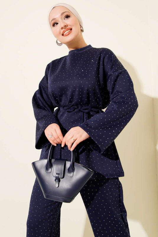 بدلة غوص صغيرة من قطعتين مزودة بحزام وحبل حجري، لون أزرق داكن