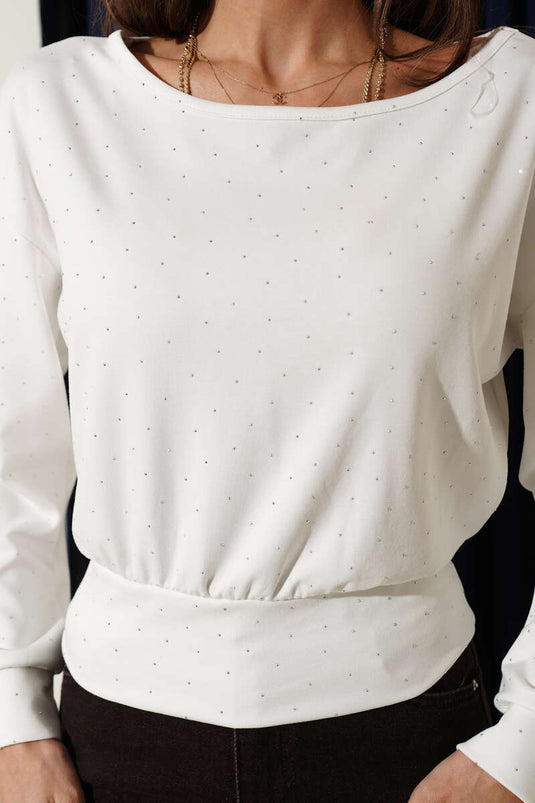Blouse col bateau mini ornée de pierres écru