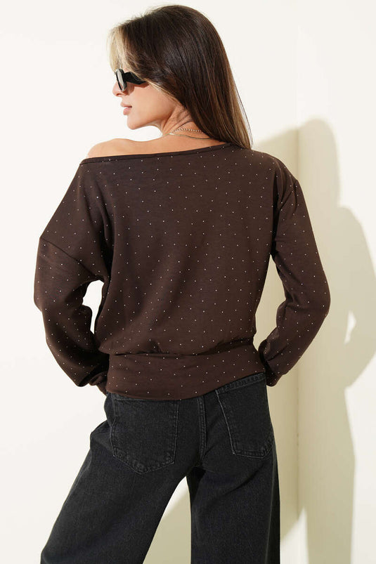Blouse col bateau mini ornée de pierres marron