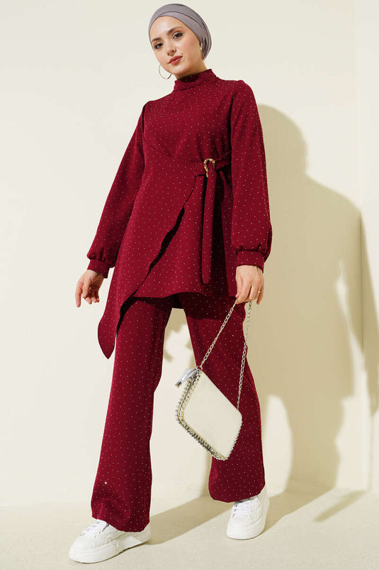 Ensemble Deux Pièces Bordeaux avec Ceinture Mini Pierre Détail
