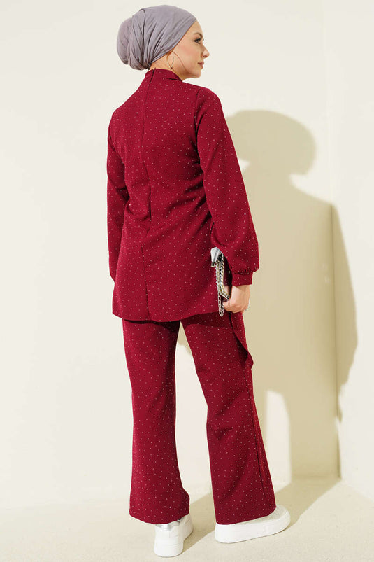 Mini Taşlı Kemer Detaylı İkili Takım Bordo