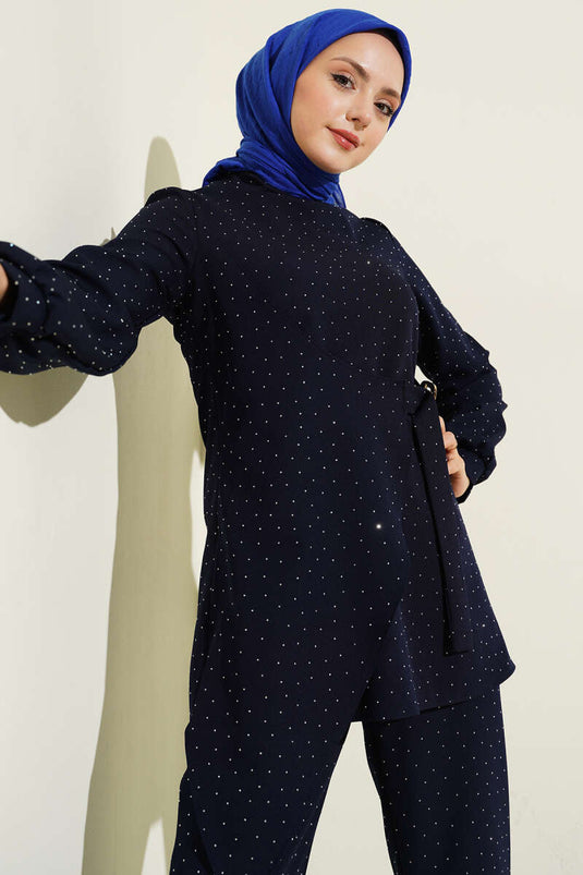 Mini Taşlı Kemer Detaylı İkili Takım Lacivert