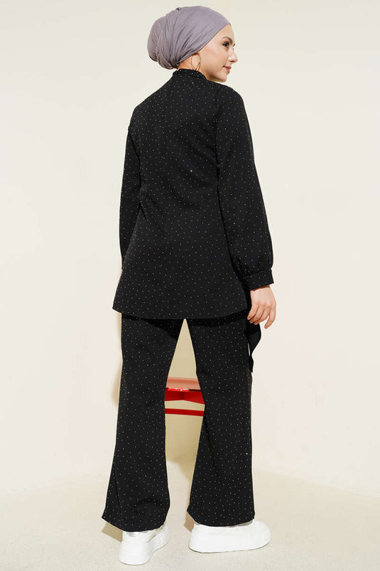 Mini Taşlı Kemer Detaylı İkili Takım Siyah