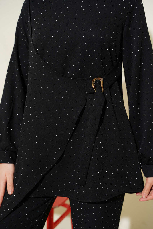 Completo Due Pezzi con Cintura Decorata da Piccole Pietre Nero