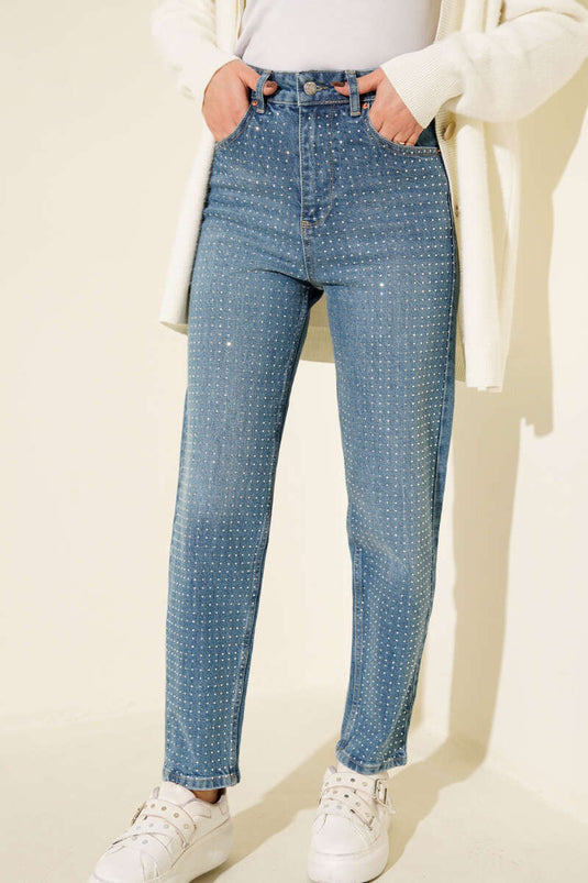 Mini Taşlı Kot Pantolon Açık Mavi