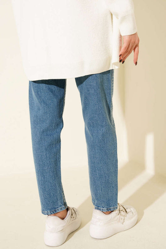 Mini Taşlı Kot Pantolon Açık Mavi