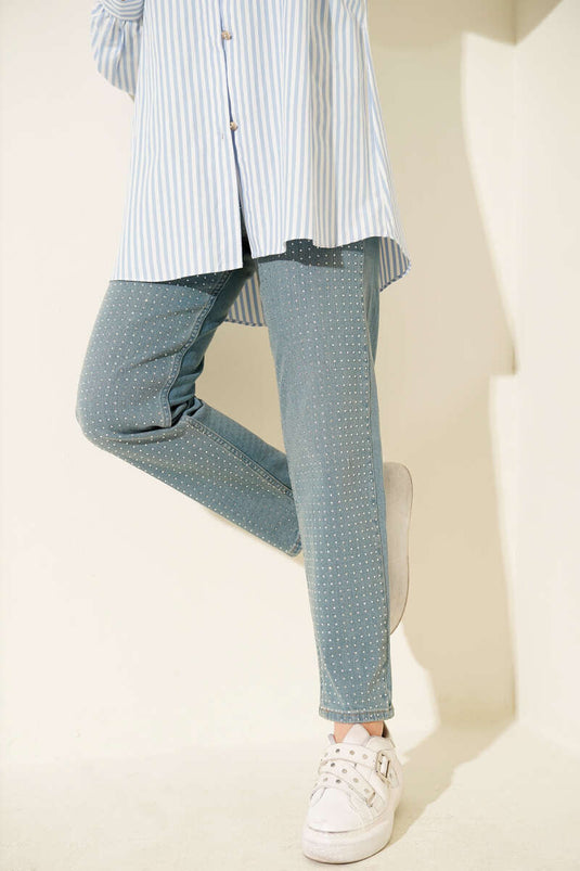 Mini Taşlı Kot Pantolon Açık Tint