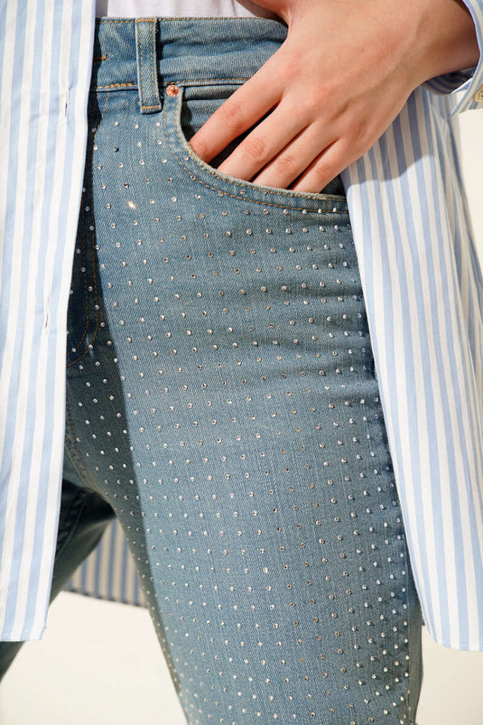 Mini Taşlı Kot Pantolon Açık Tint