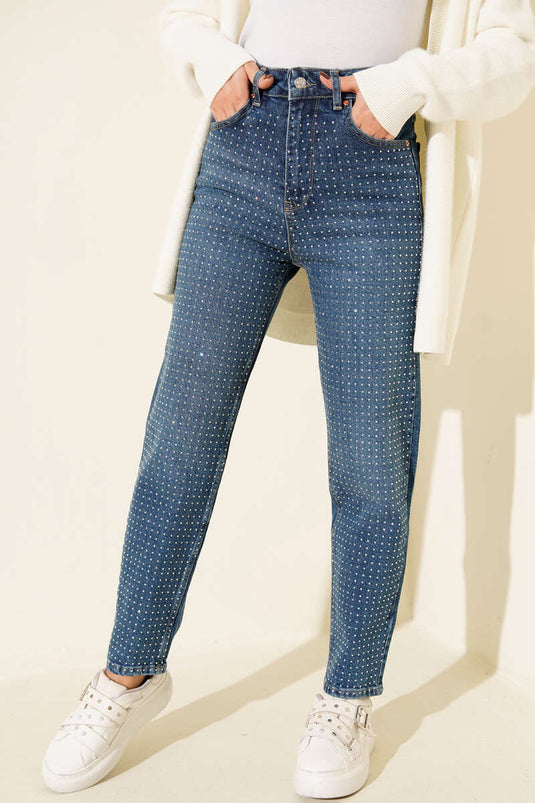 Mini Taşlı Kot Pantolon Mavi