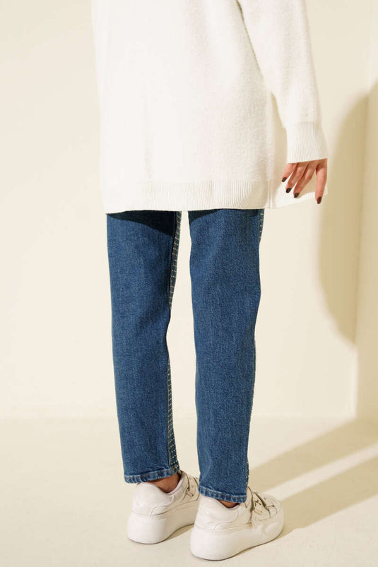 Mini Taşlı Kot Pantolon Mavi