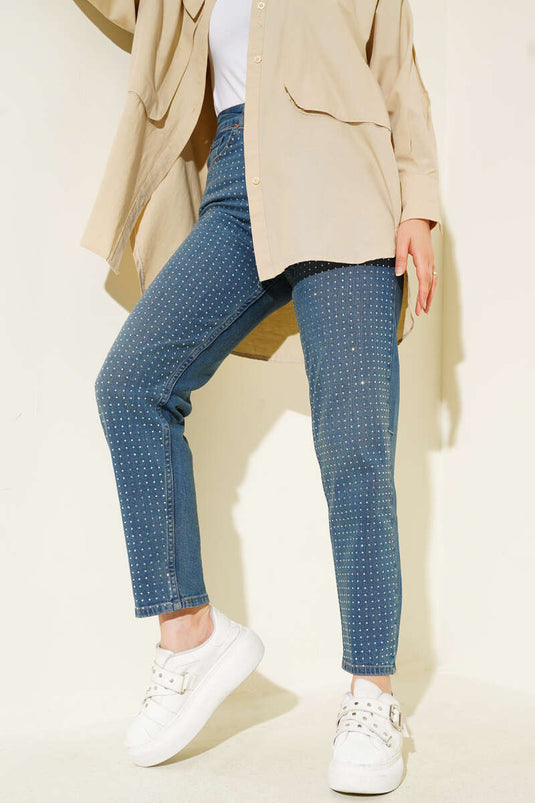 Mini Taşlı Kot Pantolon Tintli