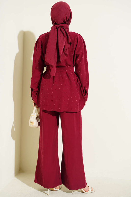 Ensemble Deux Pièces Mini Ceinturé à Strass Bordeaux
