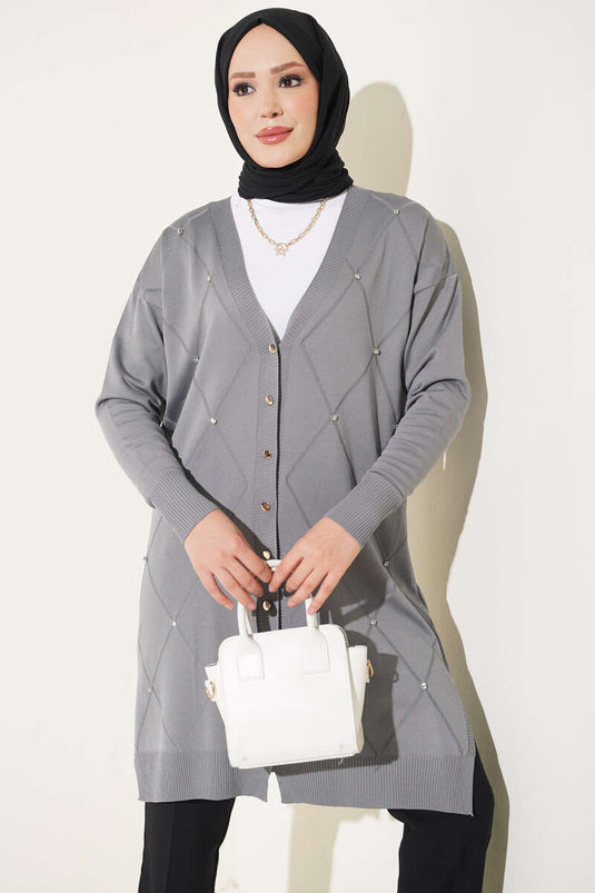 Cardigan In Merino Con Piccole Decorazioni Grigio