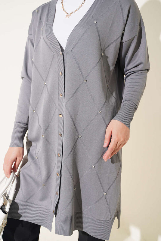Cardigan In Merino Con Piccole Decorazioni Grigio