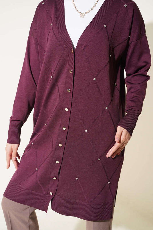 Chaqueta De Punto Mercerizada Con Pedrería En Burdeos