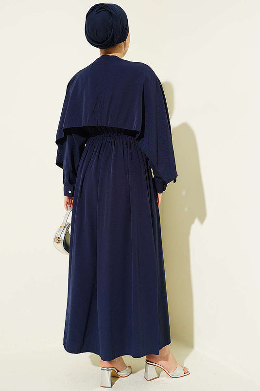 Robe mini avec cape ornée de pierres, bleu marine