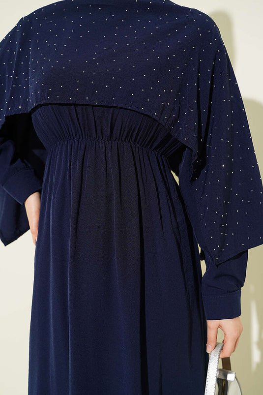 Robe mini avec cape ornée de pierres, bleu marine