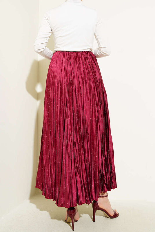 Mini Stone Pleated Satin Skirt Claret Red
