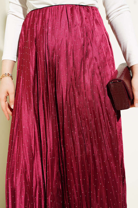 Mini Stone Pleated Satin Skirt Claret Red