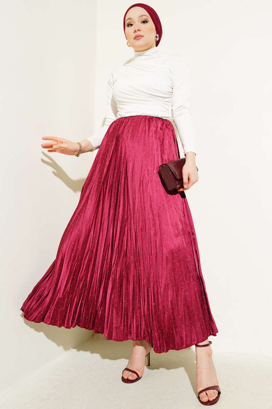 Mini Stone Pleated Satin Skirt Claret Red