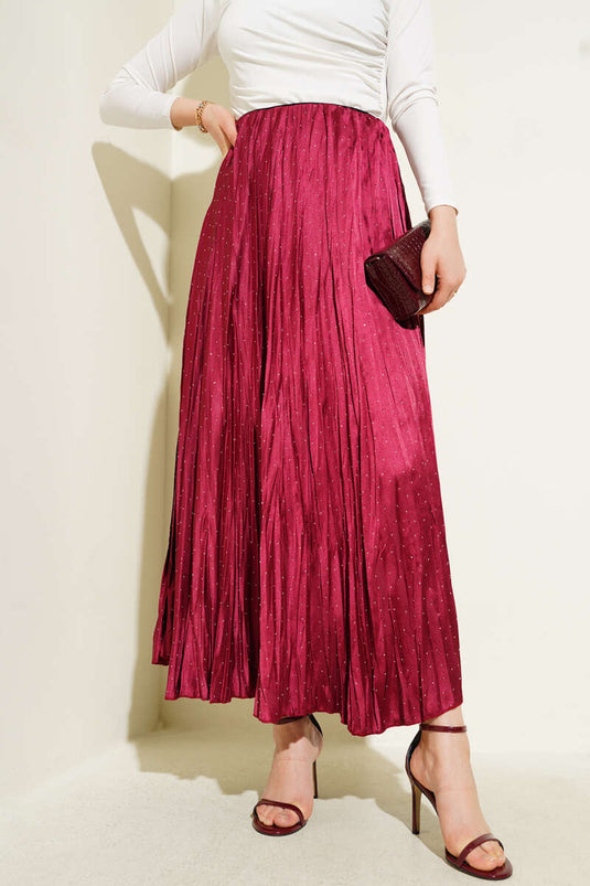 Mini Stone Pleated Satin Skirt Claret Red