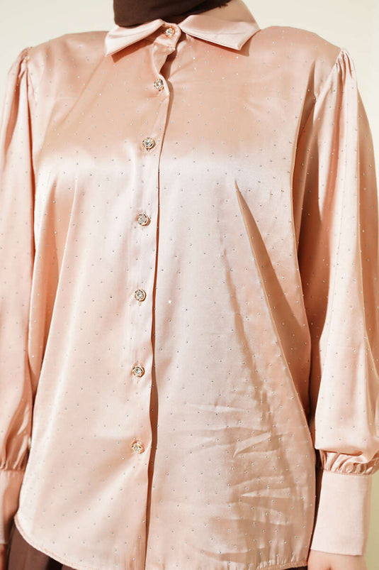 Chemisier en satin mini orné de pierres latte