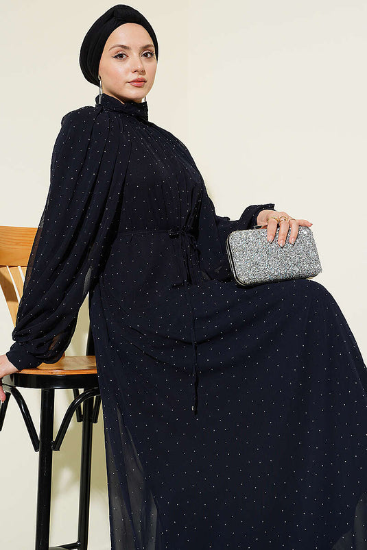 Robe de soirée en chiffon bleu marine avec petites pierres