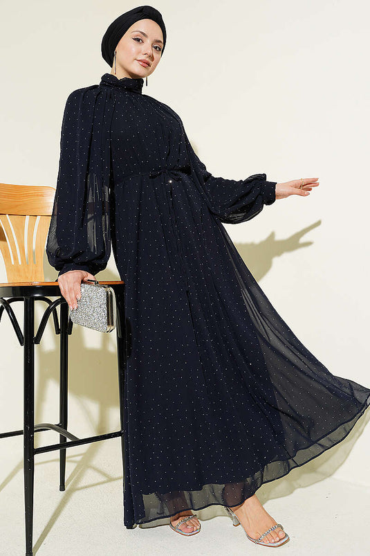Robe de soirée en chiffon bleu marine avec petites pierres