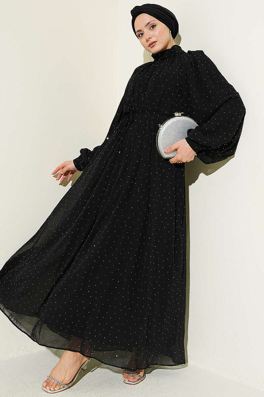 Robe de soirée en chiffon mini ornée de pierres noire