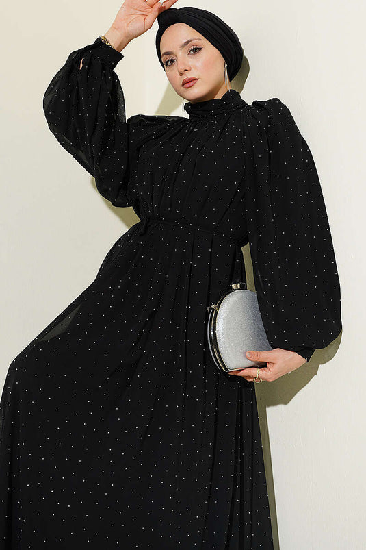 Robe de soirée en chiffon mini ornée de pierres noire