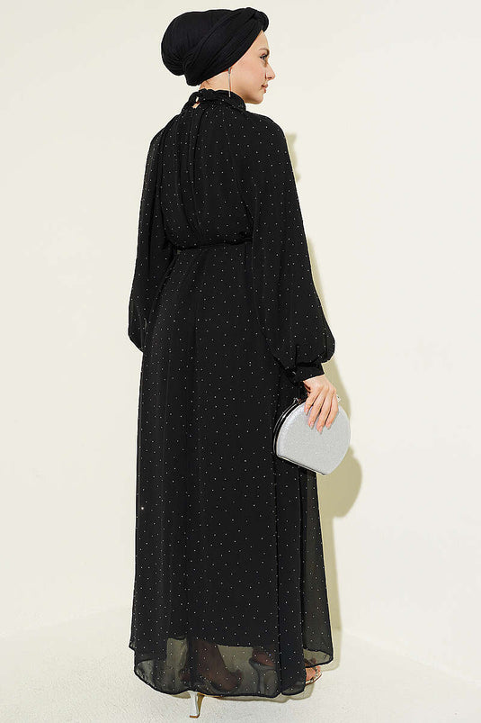 Robe de soirée en chiffon mini ornée de pierres noire