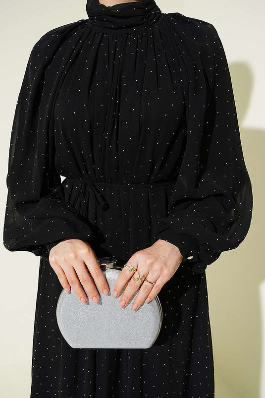 Robe de soirée en chiffon mini ornée de pierres noire