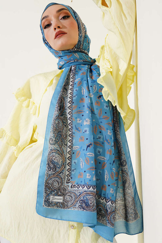 Mini Yaprak Desenli Şal Soft Mavi