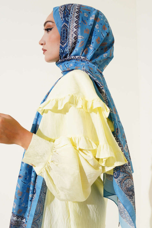 Mini Yaprak Desenli Şal Soft Mavi