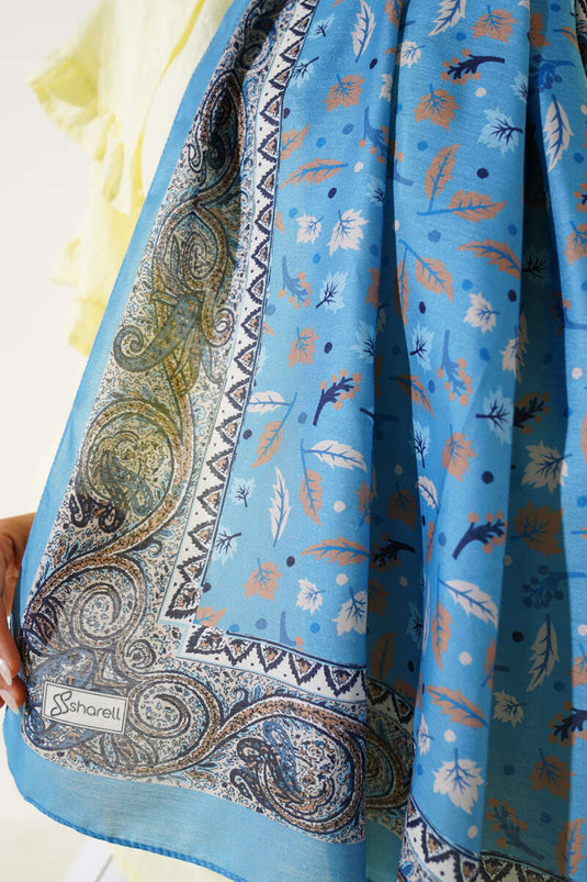 Mini Yaprak Desenli Şal Soft Mavi