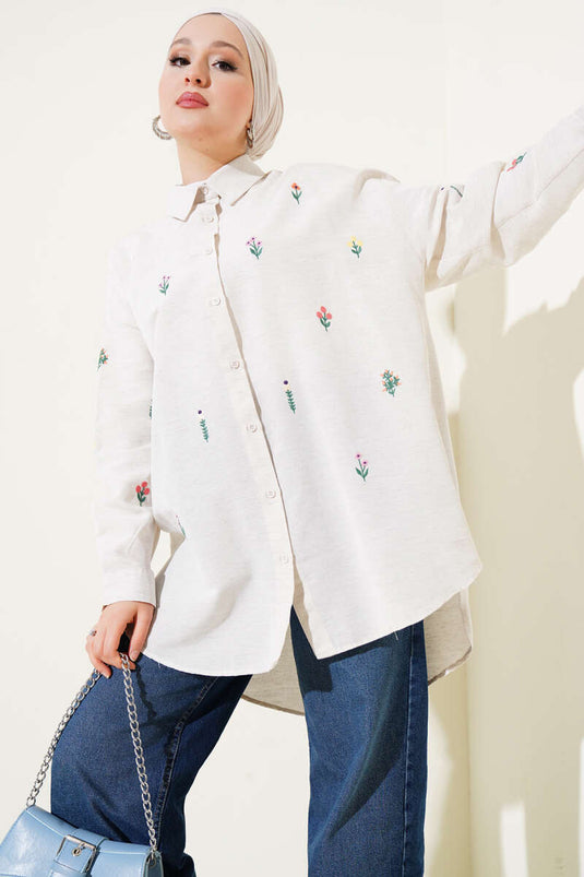 Mini Flower Embroidered Shirt Beige