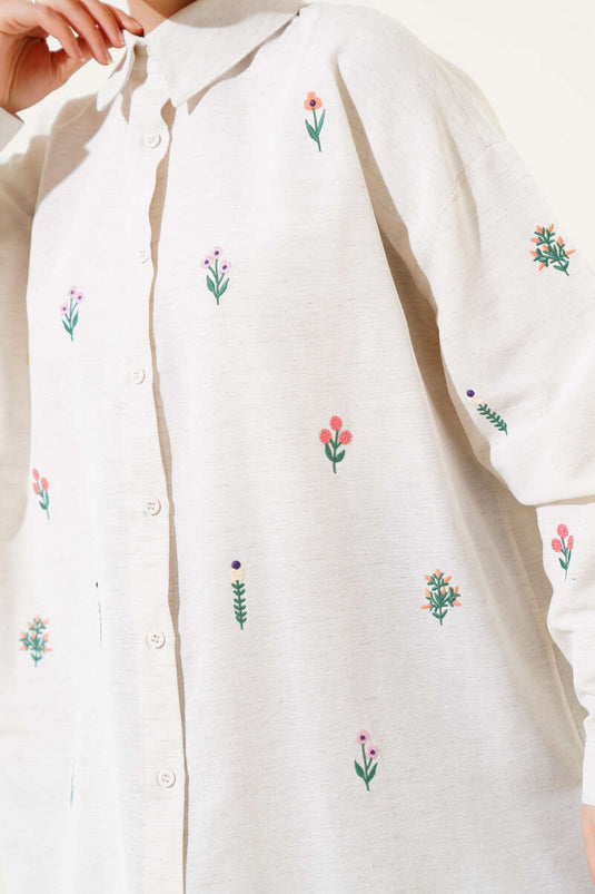 Mini Flower Embroidered Shirt Beige