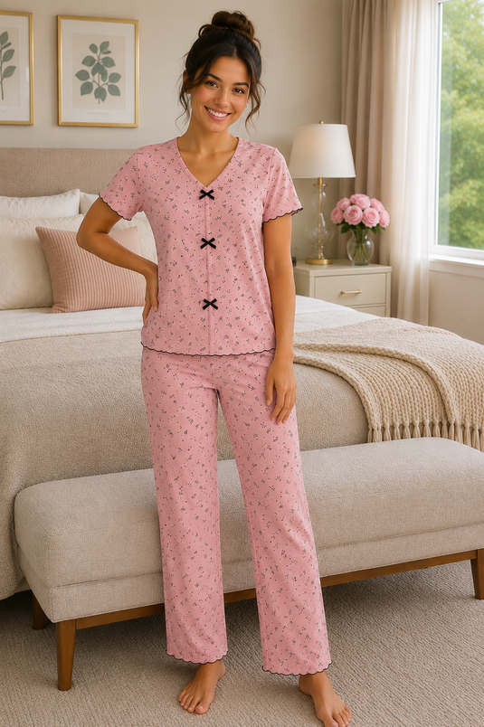 Minik Desenli Fiyonklu Pijama Takımı Pembe