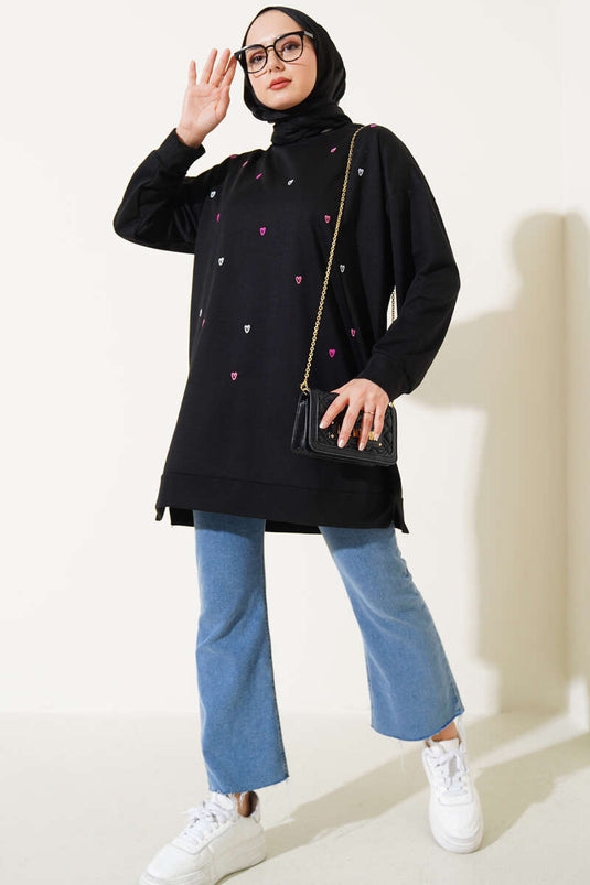 Minik Kalp Nakışlı Tunik Siyah