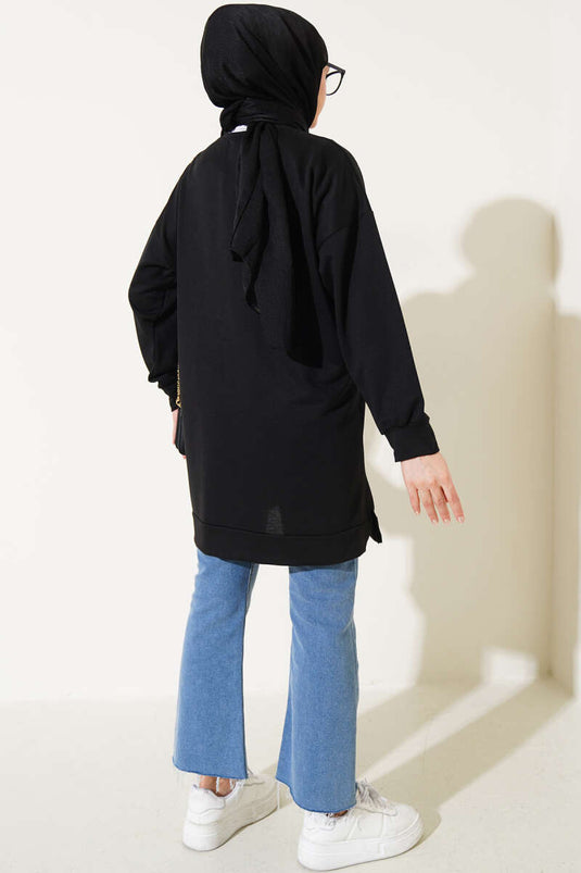 Minik Kalp Nakışlı Tunik Siyah