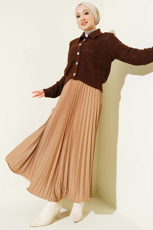 Tiny Embellished Pleated Skirt in Camel