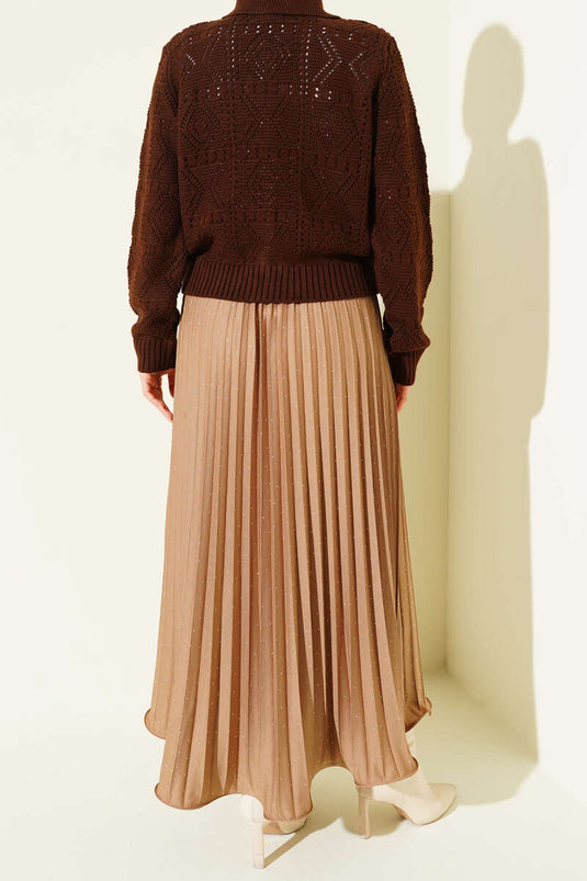 Tiny Embellished Pleated Skirt in Camel
