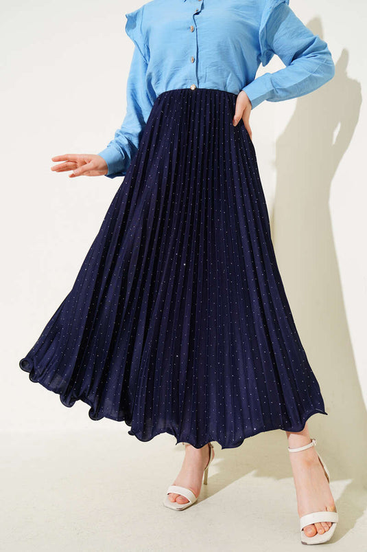 تنورة مطوية بأحجار صغيرة، أزرق داكن